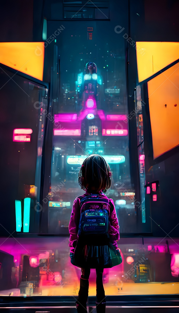 Menina de costas com mochila olhando para a rua cyberpunk neon à noite