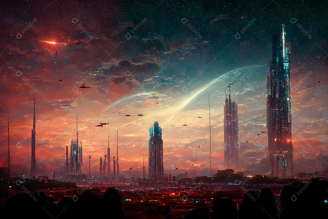 Cidade futurista e sonhadora no espaço com nuvens coloridas e arranha-céus altos em forma de torre arte gerada por rede neural