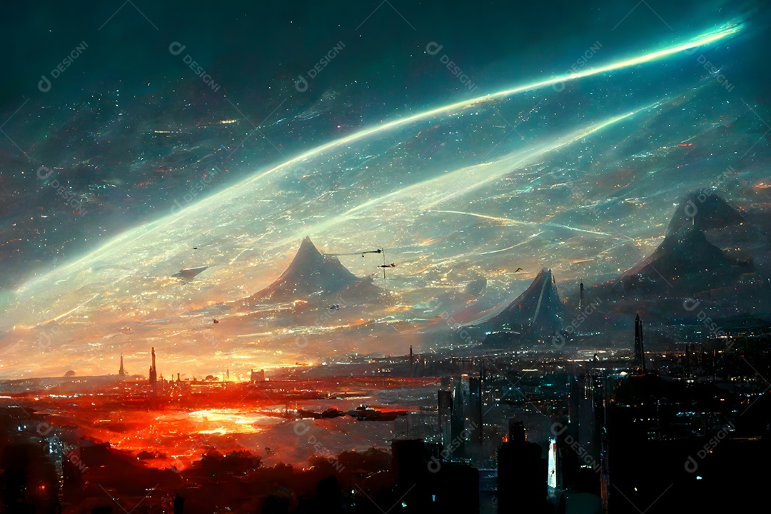 Cidade futurista e sonhadora no espaço com nuvens coloridas e arranha-céus altos em forma de torre arte gerada por rede neural