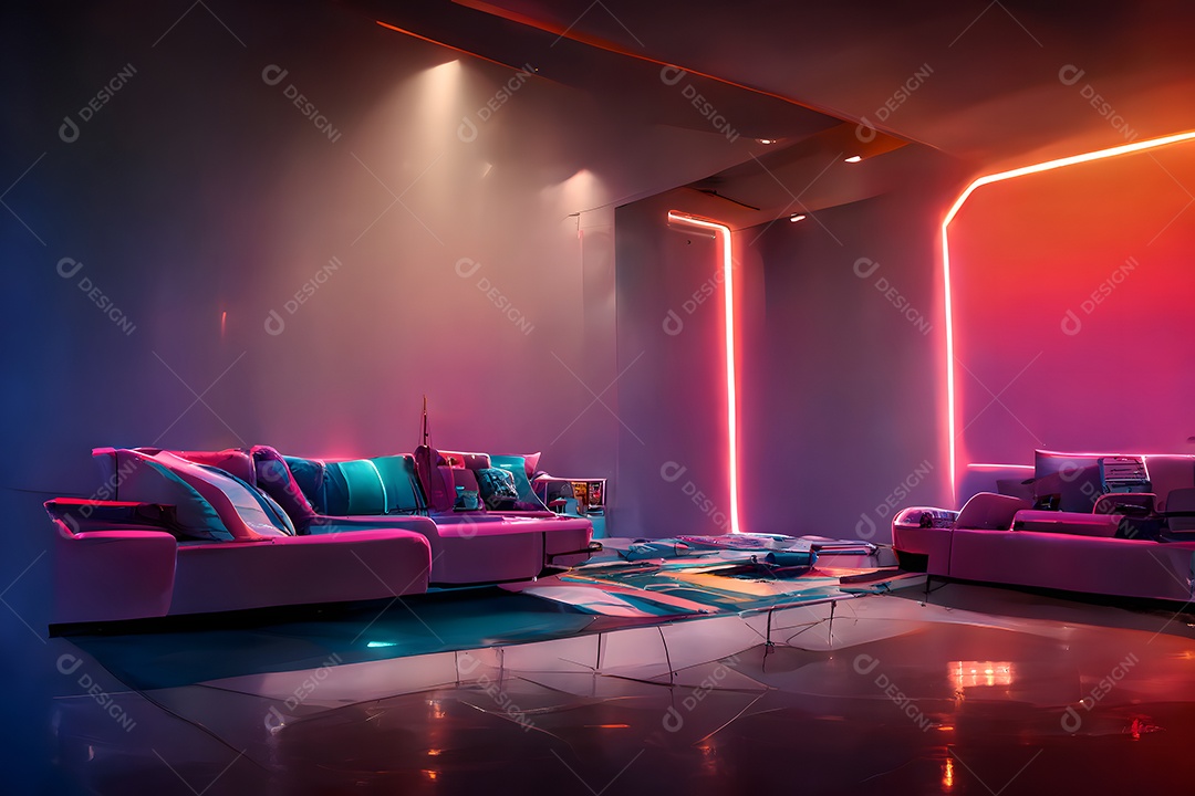 Interior em estilo Synthwave em tons rosa-laranja-roxo e iluminação neon