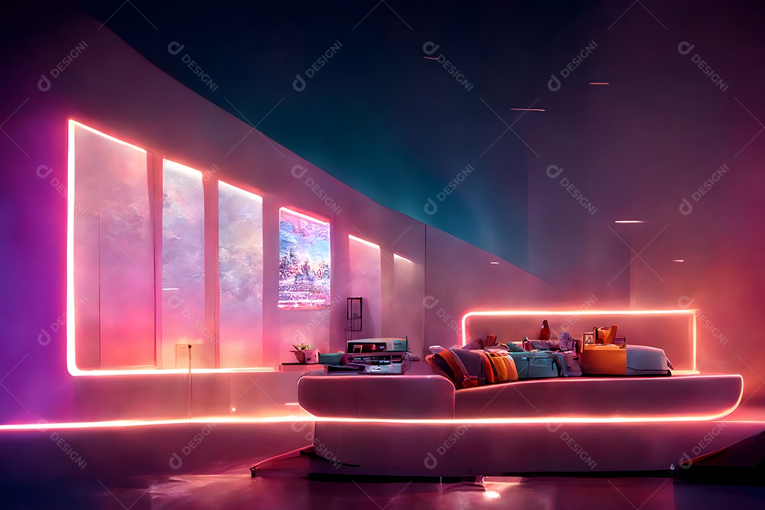Interior em estilo Synthwave em tons rosa-laranja-roxo e iluminação neon