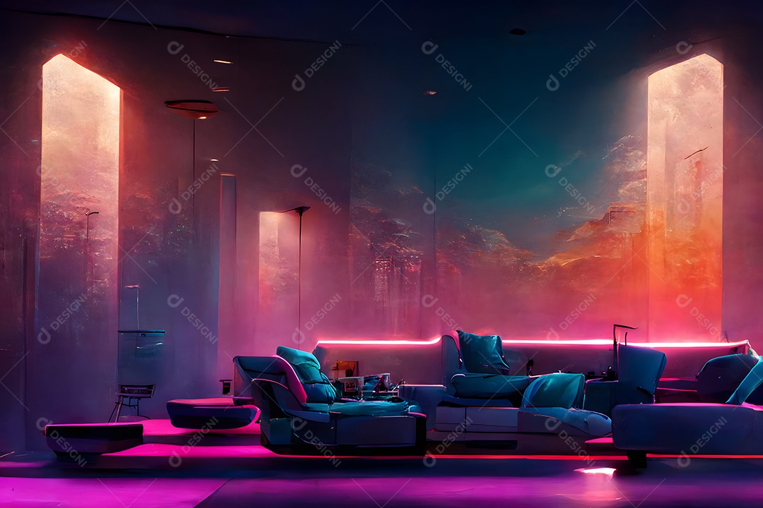 Interior em estilo Synthwave em tons rosa-laranja-roxo e iluminação neon