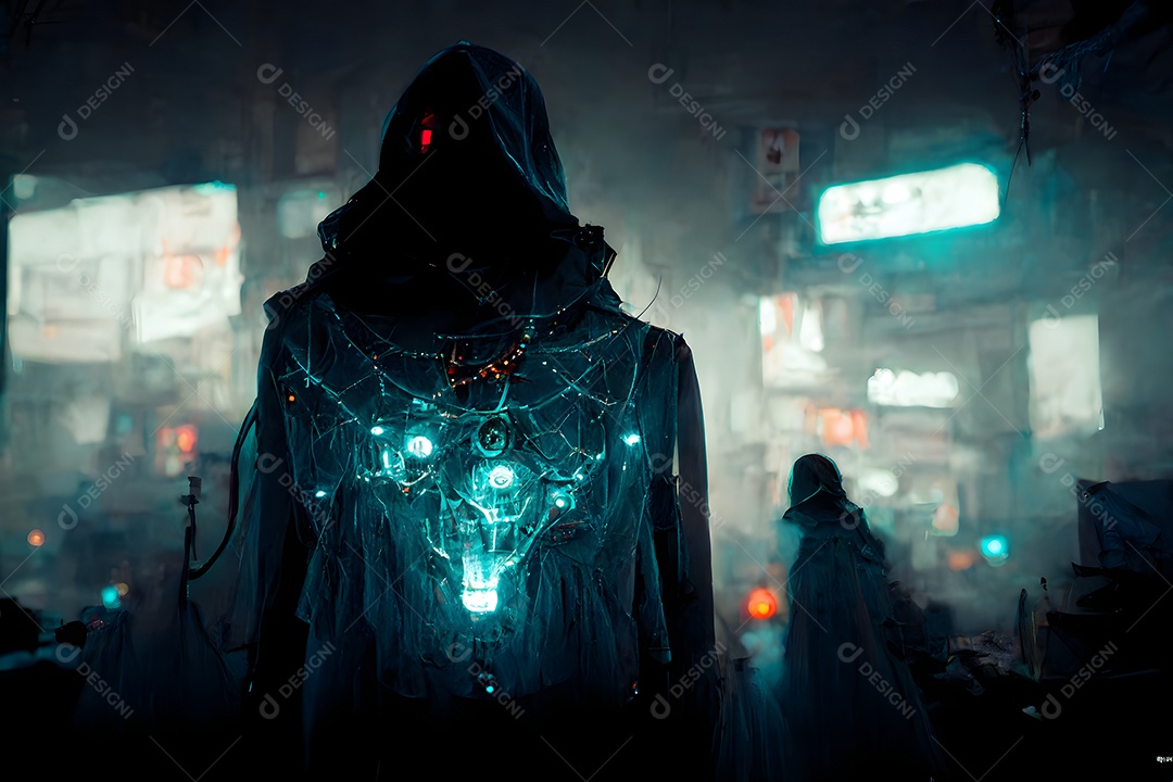 Esconderijo de bruxas cyberpunk em local de hackers com neblina