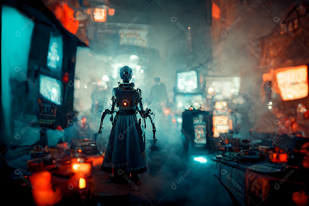 Esconderijo de bruxas cyberpunk em local de hackers com neblina