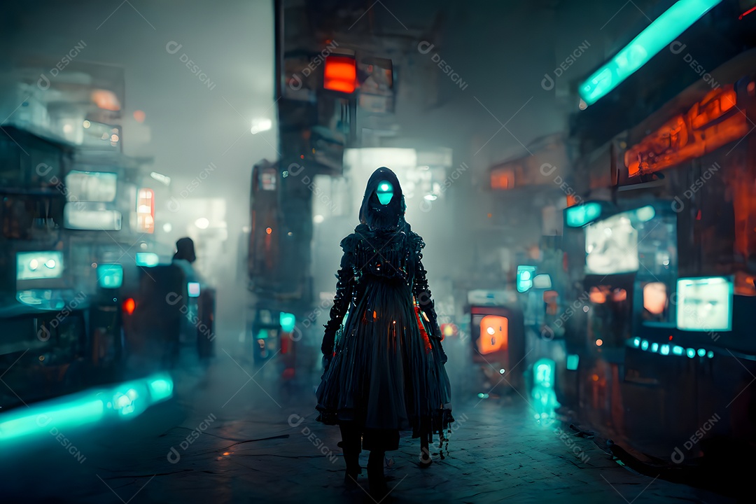 Esconderijo de bruxas cyberpunk em local de hackers com neblina