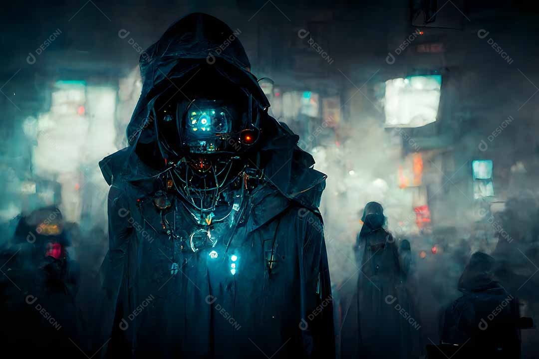 Esconderijo de bruxas cyberpunk em local de hackers com neblina