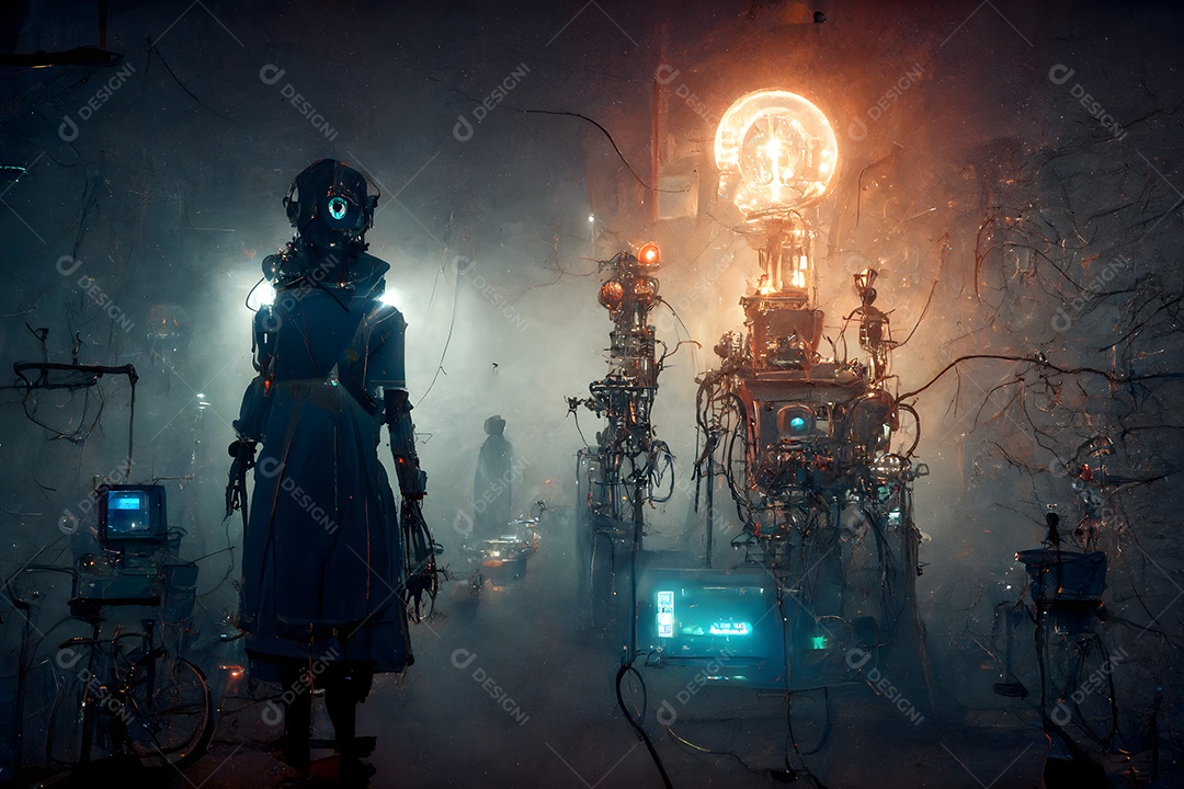 Esconderijo de bruxas cyberpunk em local de hackers com neblina