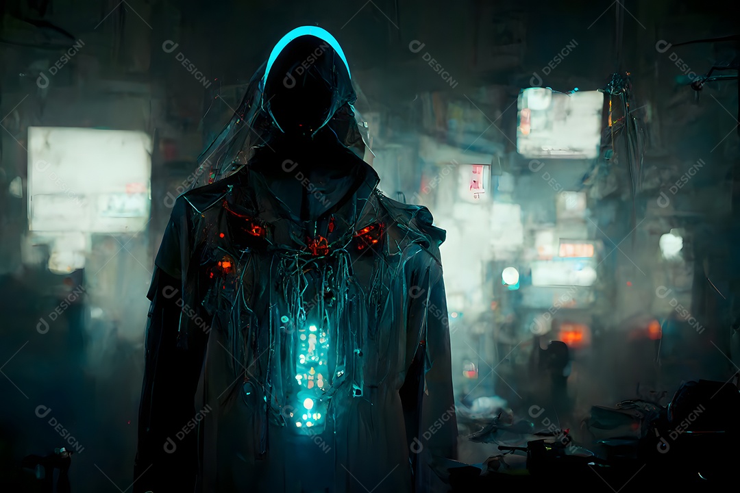 Esconderijo de bruxas cyberpunk em local de hackers com neblina