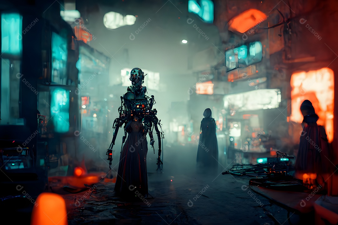 Esconderijo de bruxas cyberpunk em local de hackers com neblina