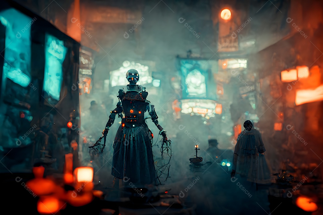 Esconderijo de bruxas cyberpunk em local de hackers com neblina