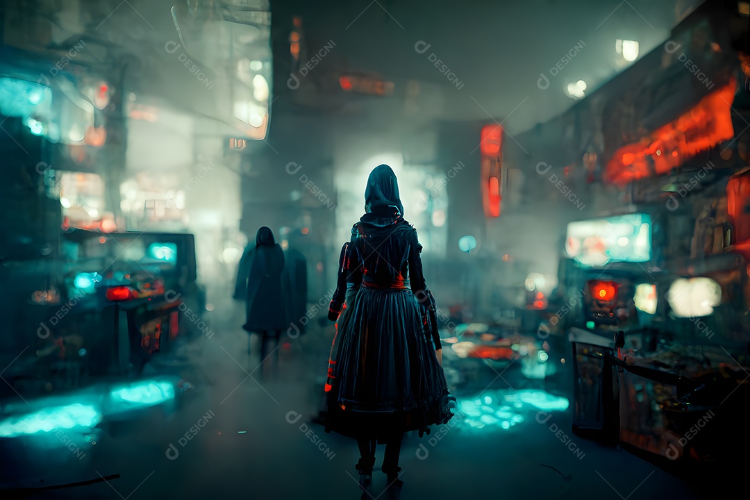 Esconderijo de bruxas cyberpunk em local de hackers com neblina