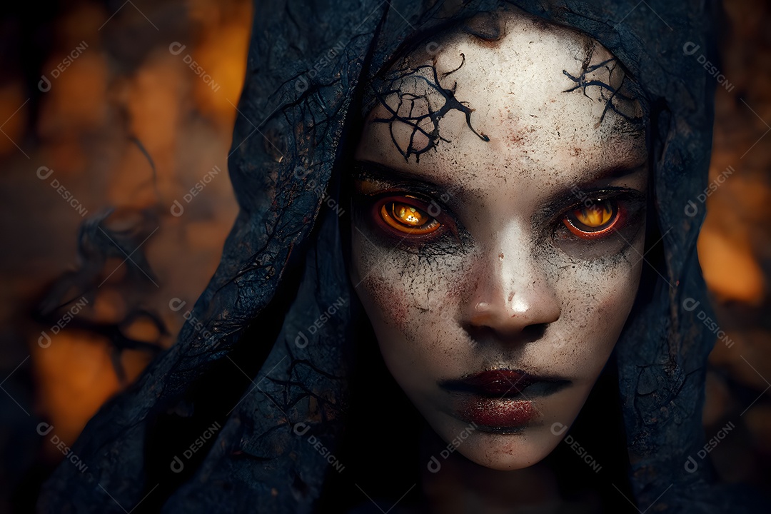 Retrato facial de mulher bruxa de fantasia com capuz preto olhos amarelos e manchas pretas