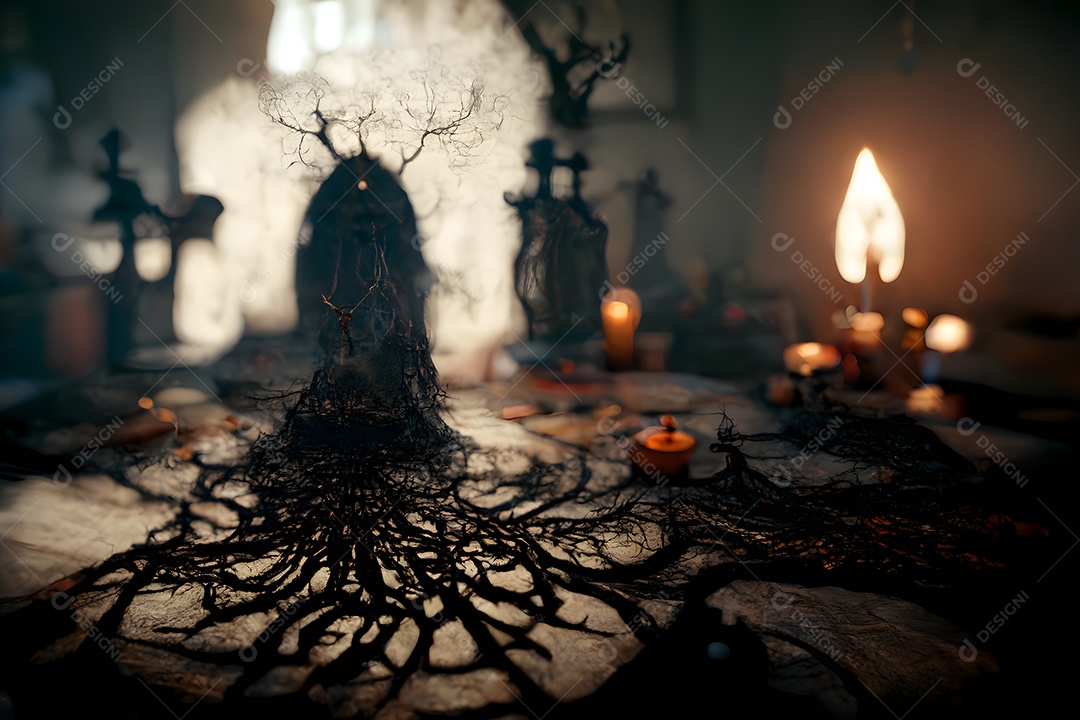 Esconderijo sombrio de feiticeiro de bruxaria com humor oculto sombrio arte gerada por rede neural