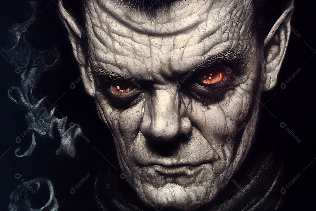 Retrato próximo de homem demoníaco com olhos amarelos brilhantes e pele cinza arte gerada por rede neural