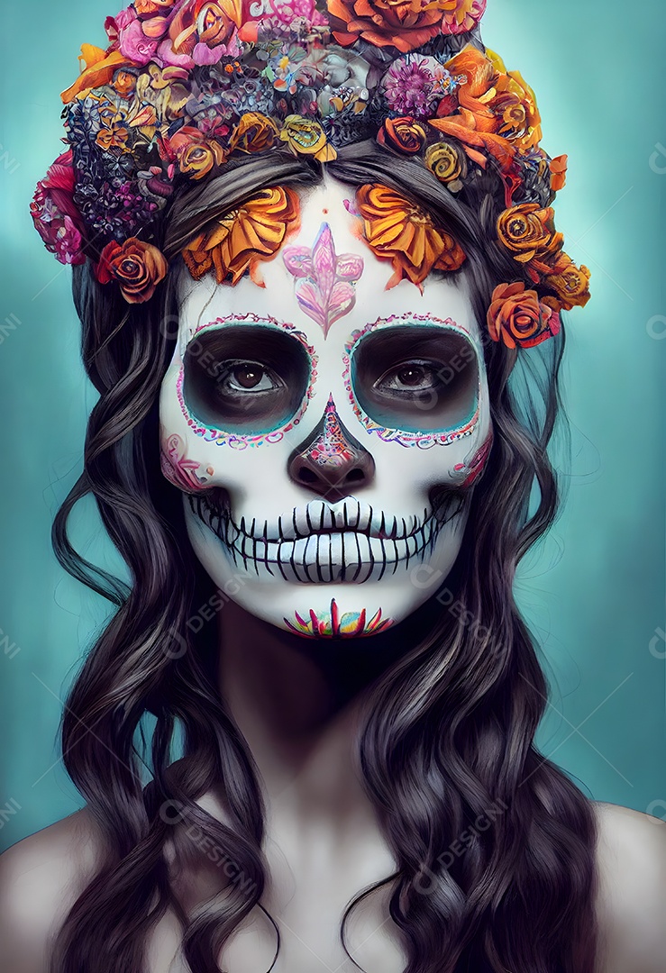 Deusa caveira de açúcar La Catrina com flores e maquiagem ritual