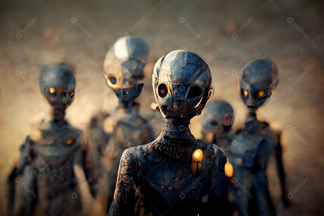 Grupo de alienígenas quase humanoides feios em atmosfera nebulosa e sinistra