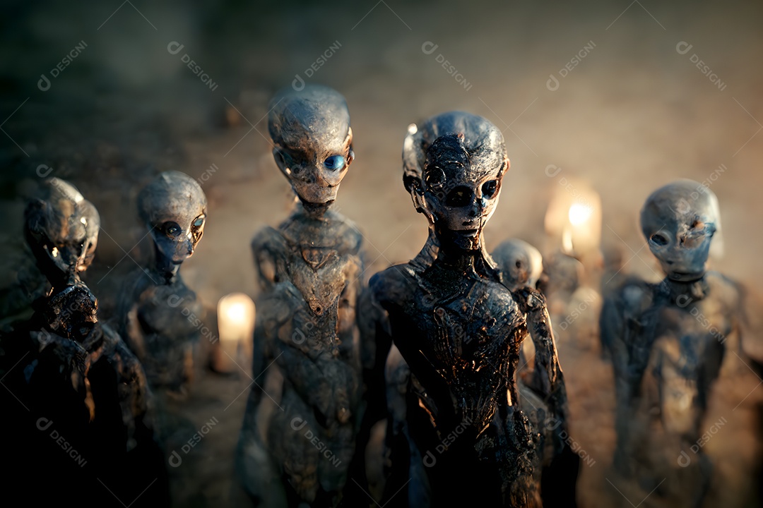 Grupo de alienígenas quase humanoides feios em atmosfera nebulosa e sinistra