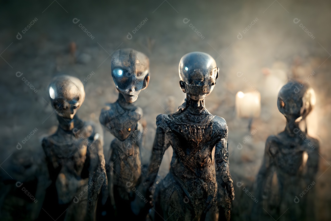 Grupo de alienígenas quase humanoides feios em atmosfera nebulosa e sinistra