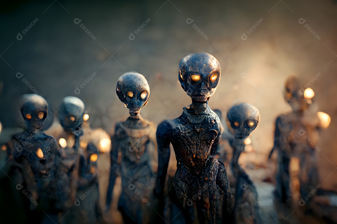 Grupo de alienígenas quase humanoides feios em atmosfera nebulosa e sinistra