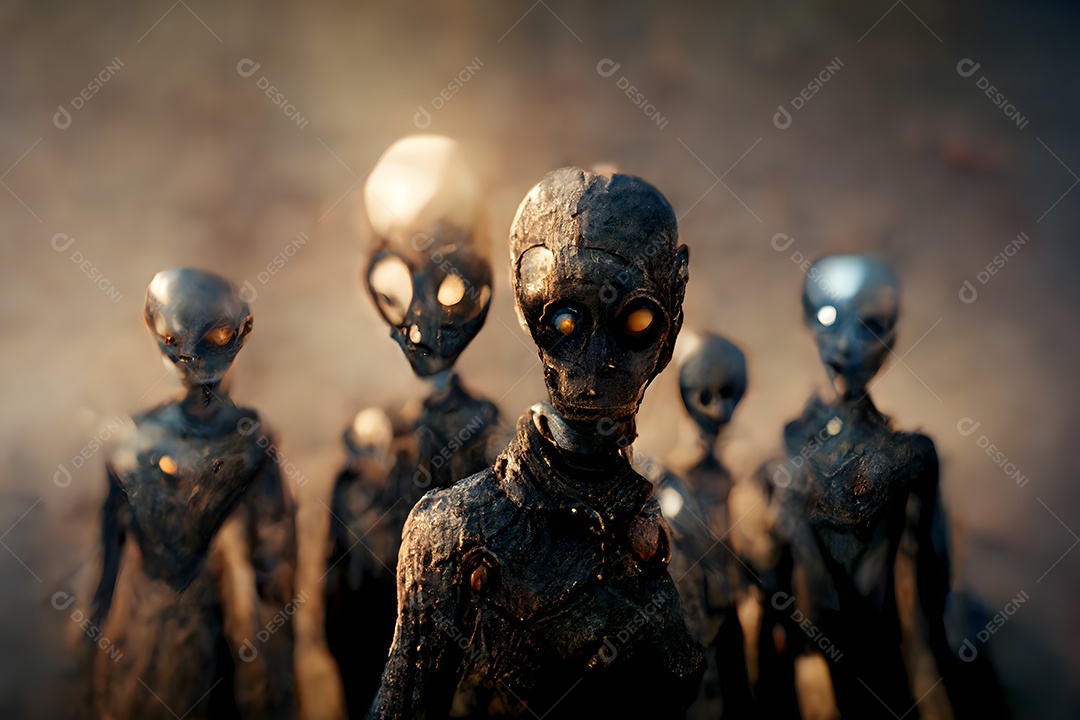 Grupo de alienígenas quase humanoides feios em atmosfera nebulosa e sinistra