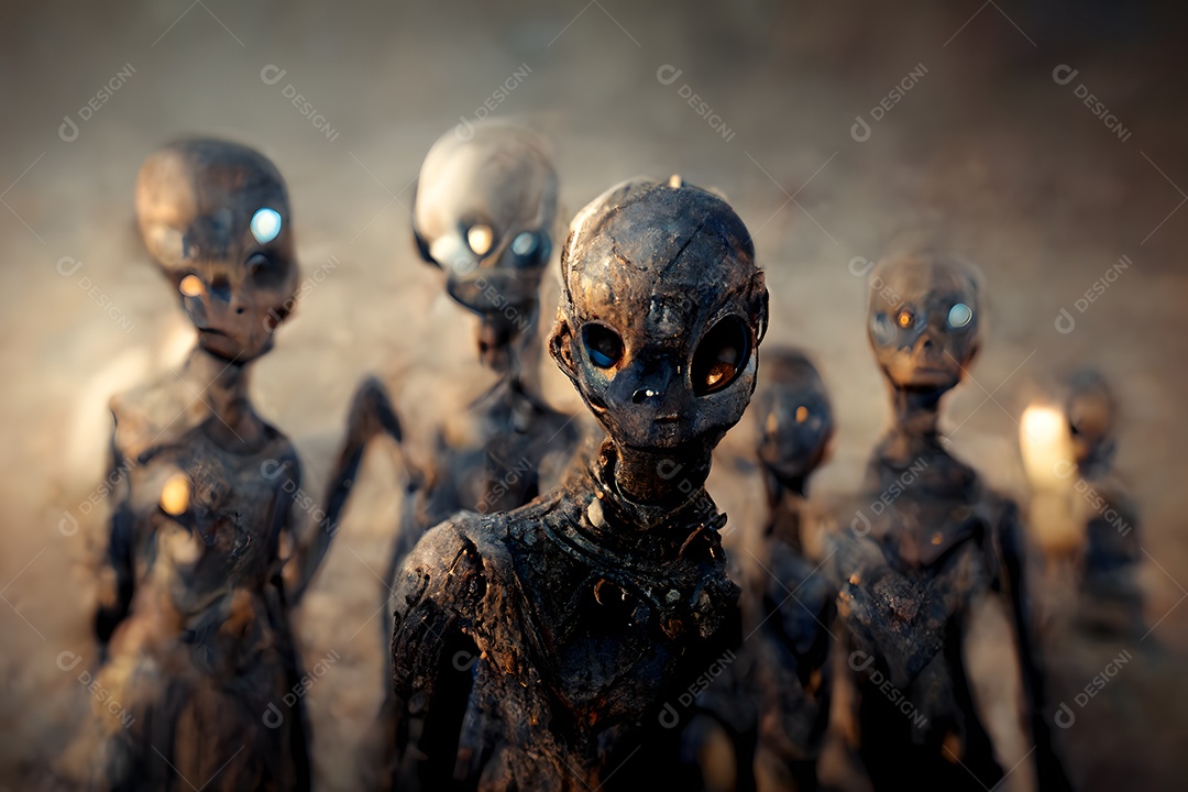 Grupo de alienígenas quase humanoides feios em atmosfera nebulosa e sinistra