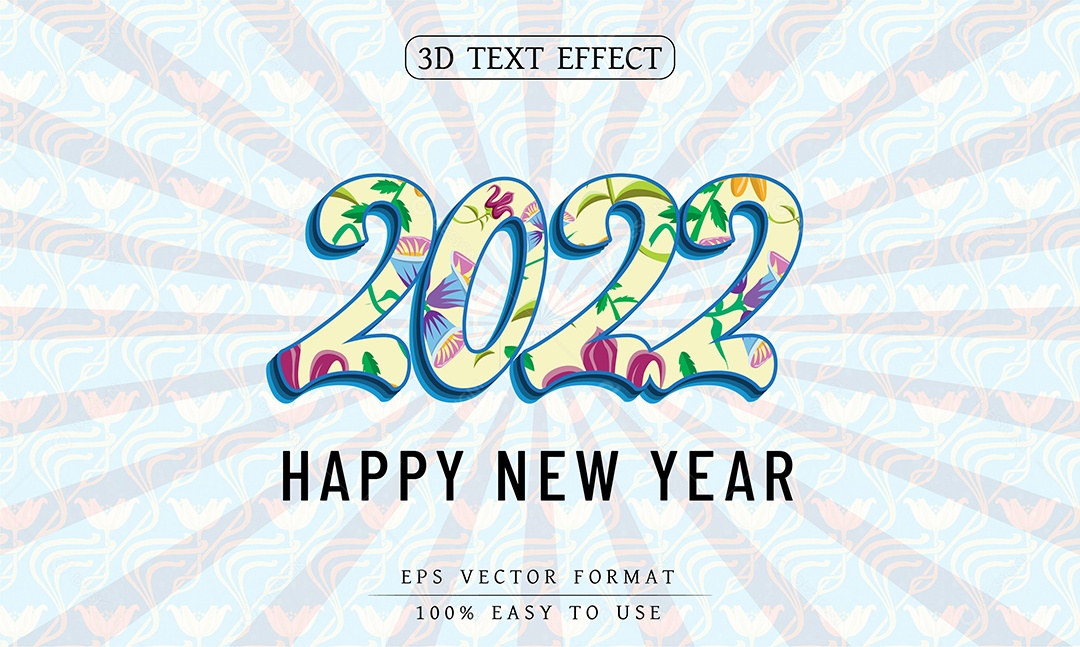 Efeito de Texto Happy New Year 2022 Feliz Ano Novo Fundo Azul Claro EPS Editável