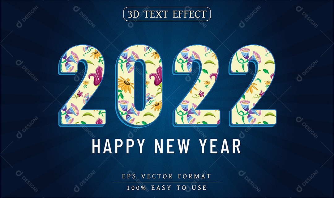 Efeito de Texto Happy New Year 2022 Feliz Ano Novo Fundo Azul Escuro EPS Editável