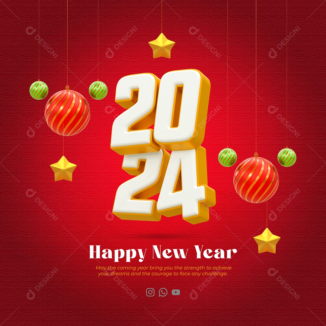 Texto 3D Feliz Ano Novo 2024 Para Composição PSD
