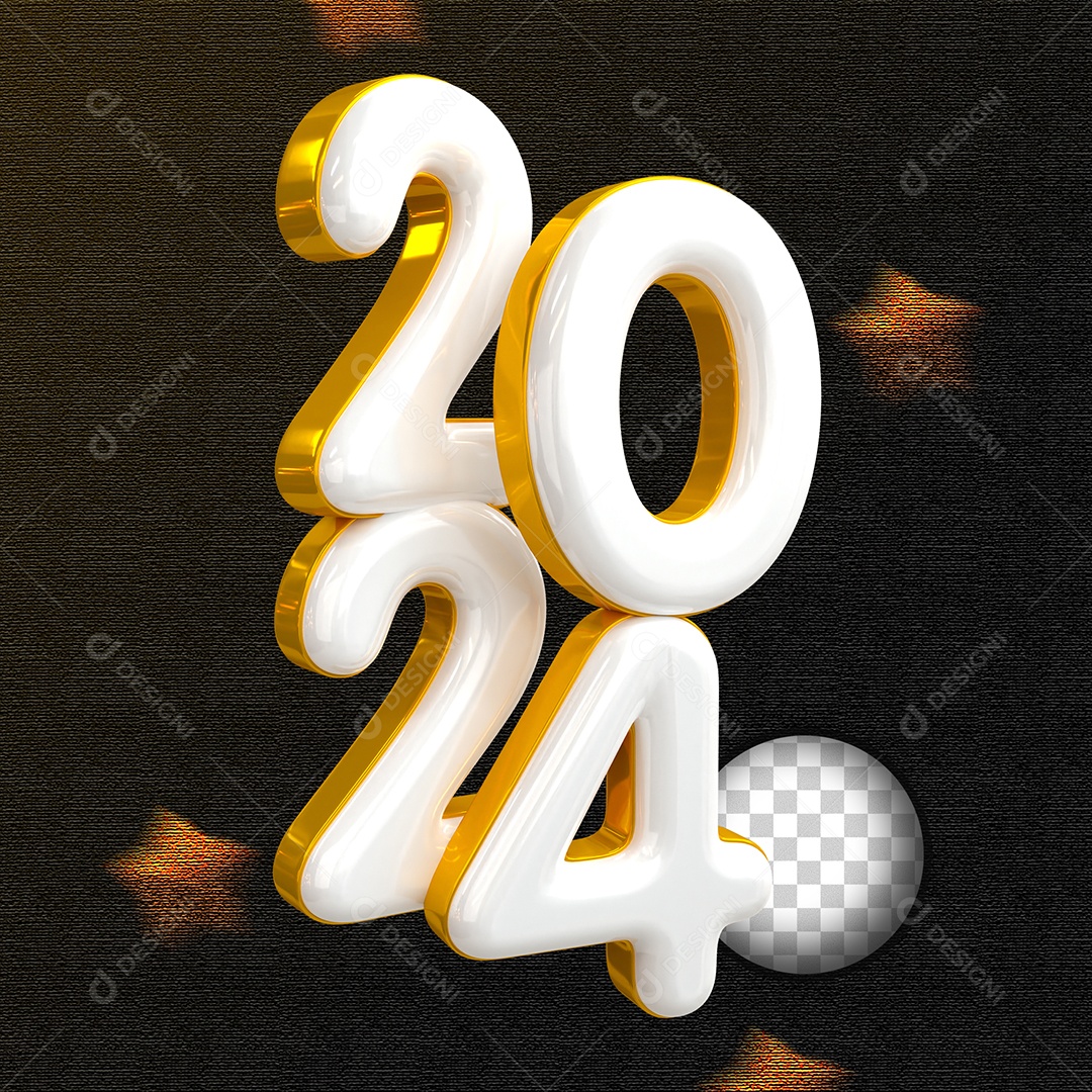 Número 3D 2024 Branco e Dourado Para Composição PSD