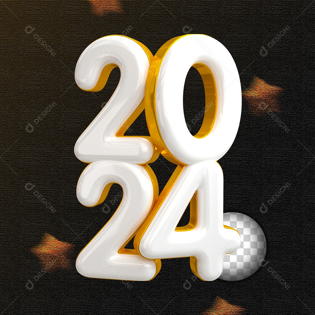 Número 3D 2024 Branco e Dourado Para Composição PSD