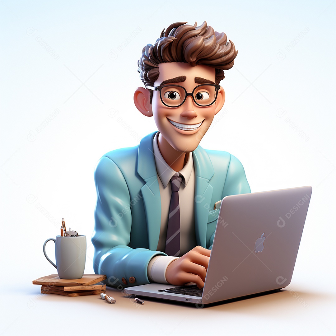 Homem feliz de desenho animado 3d usando laptop em fundo branco transparente
