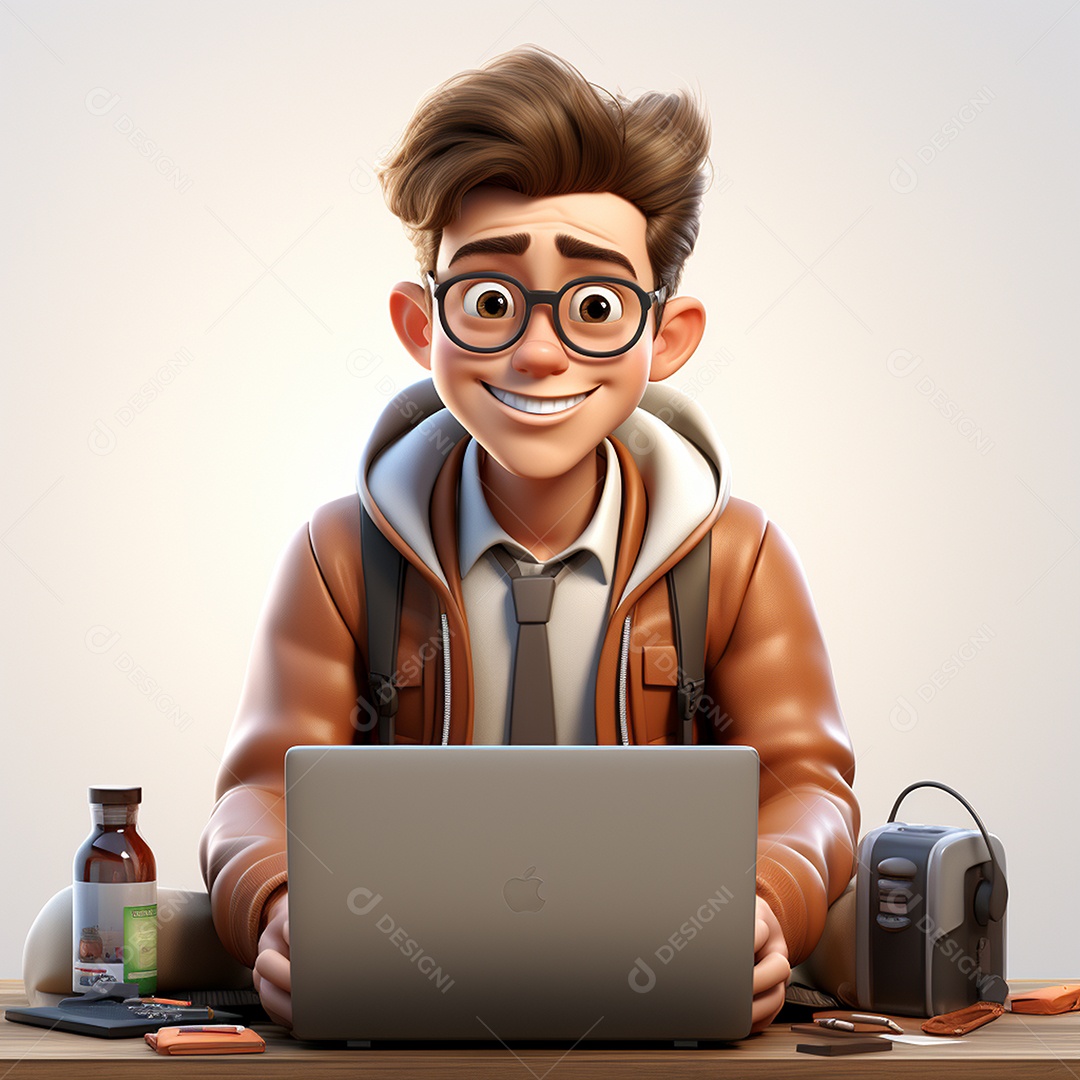 Homem feliz de desenho animado 3d usando laptop em fundo branco transparente