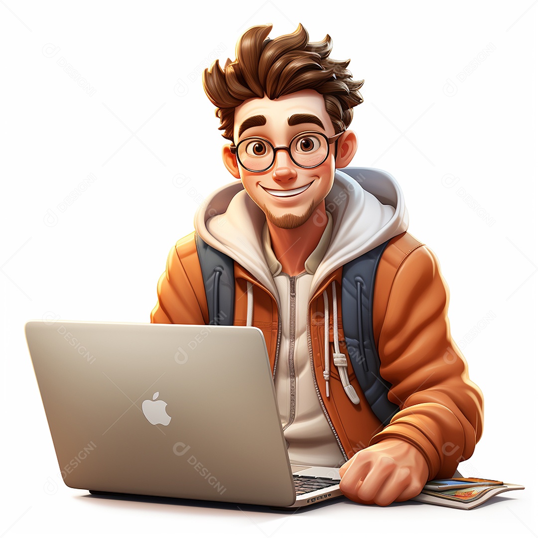 Homem feliz de desenho animado 3d usando laptop em fundo branco transparente