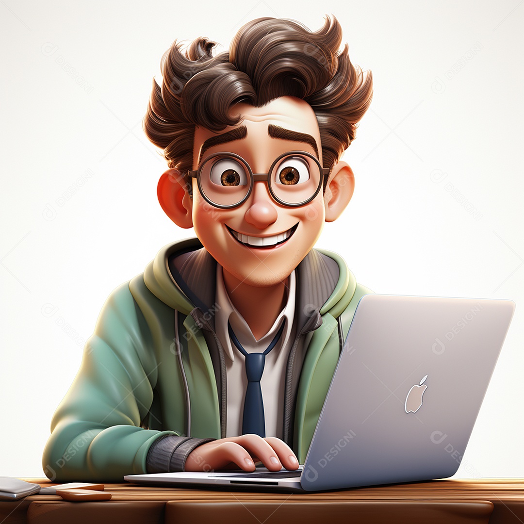 Homem feliz de desenho animado 3d usando laptop em fundo branco transparente