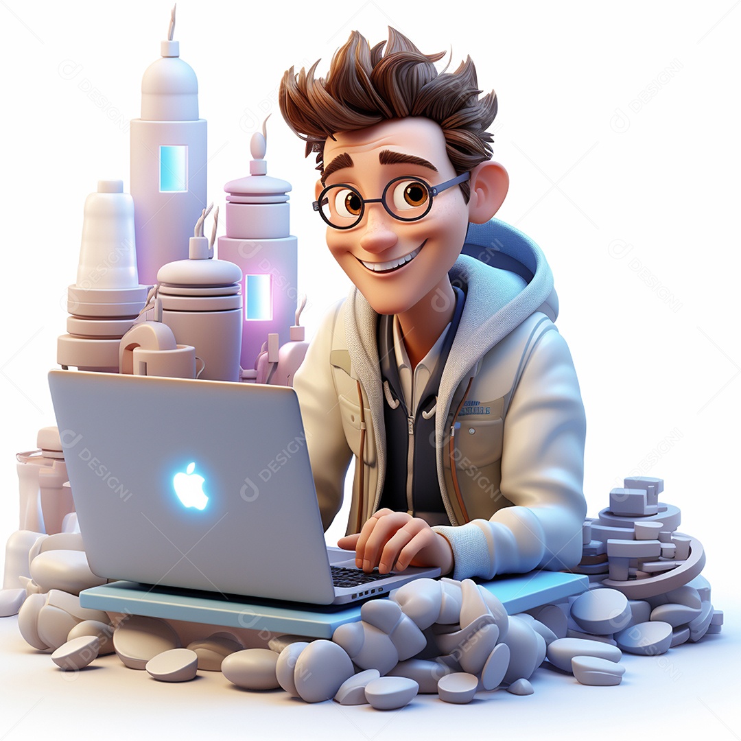Homem feliz dos desenhos animados 3D usando laptop localizado em fundo branco transparente