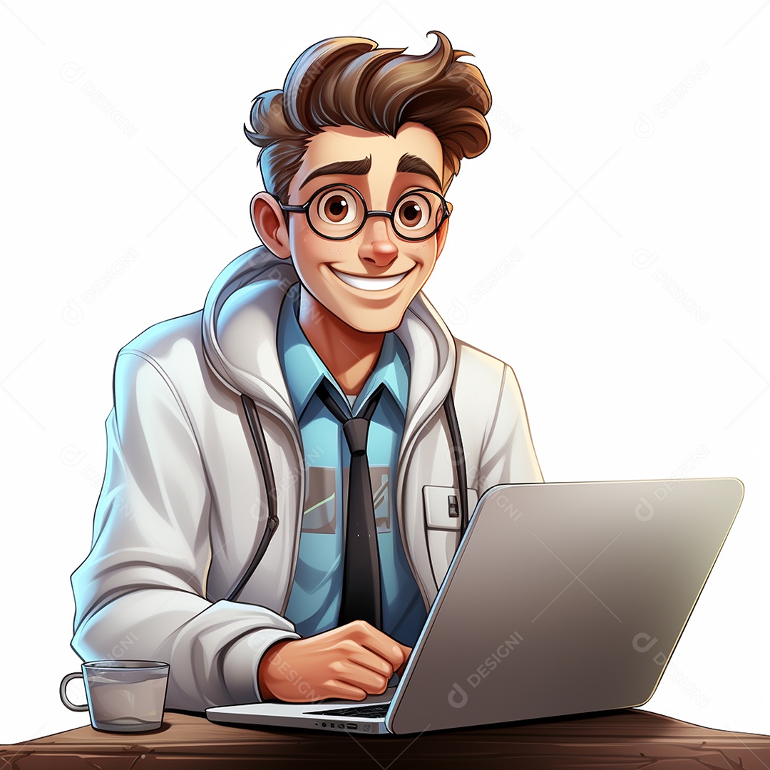 Homem feliz de desenho animado 3d usando laptop em fundo branco transparente