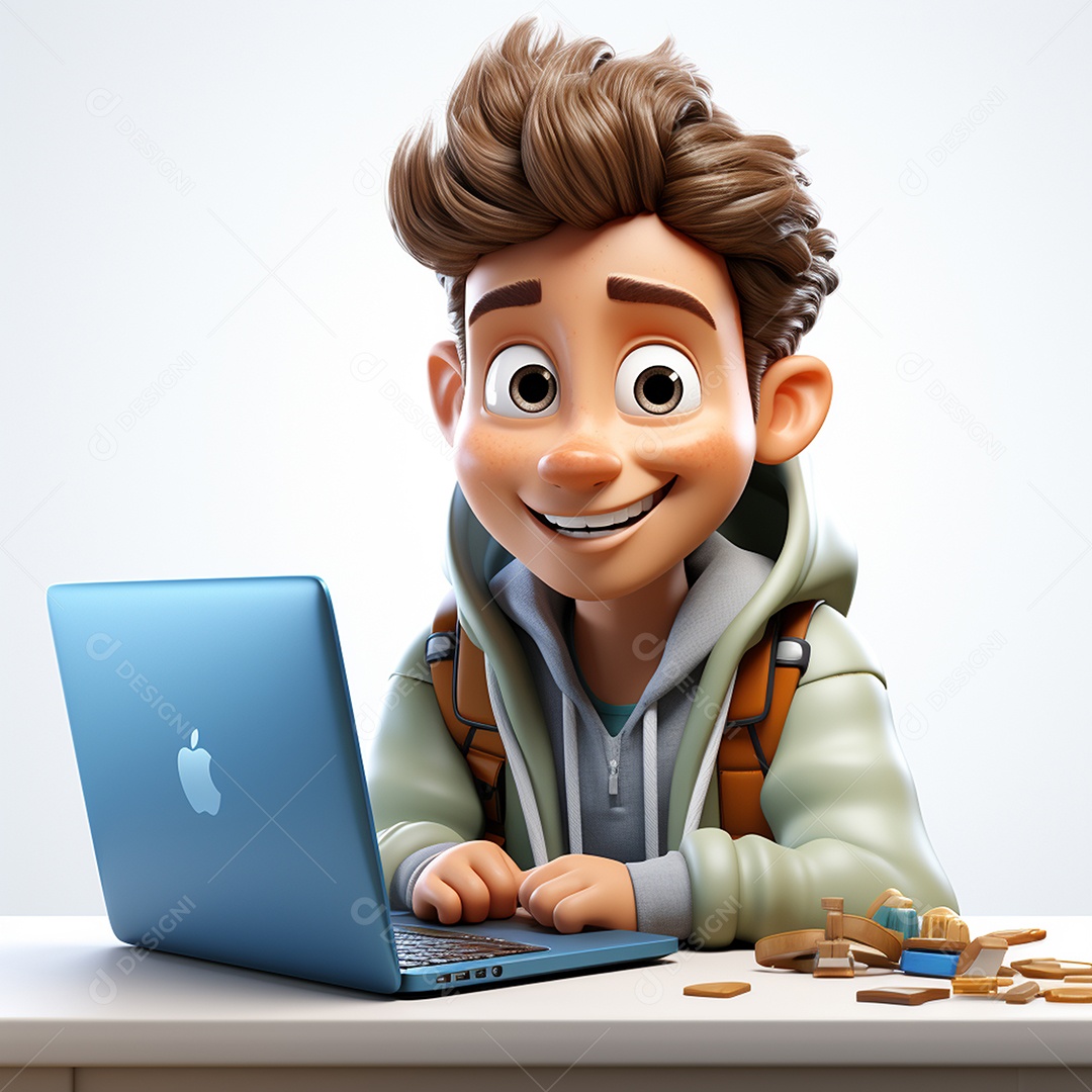 Homem feliz de desenho animado 3d usando laptop em fundo branco transparente