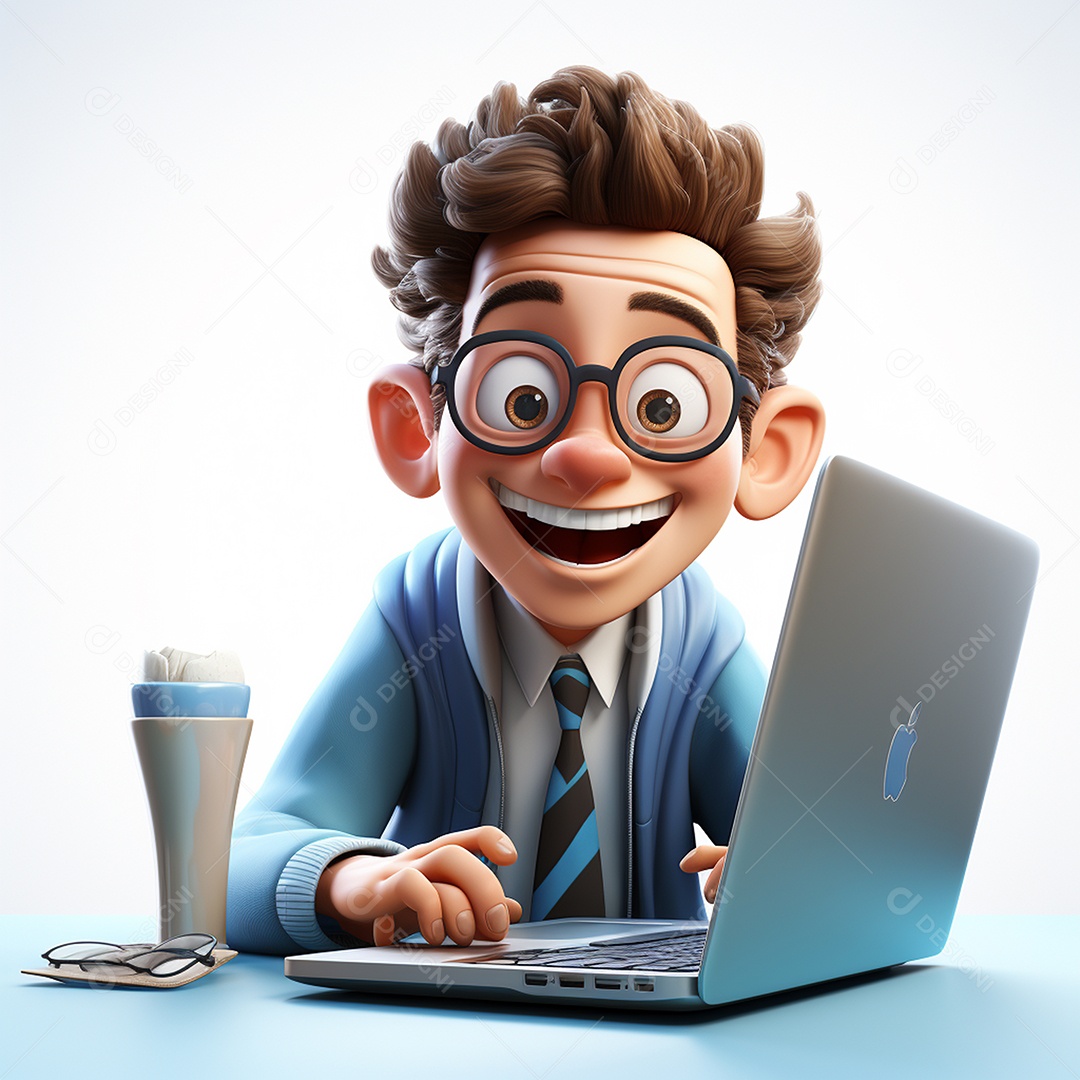 Homem feliz de desenho animado 3d usando laptop em fundo branco transparente