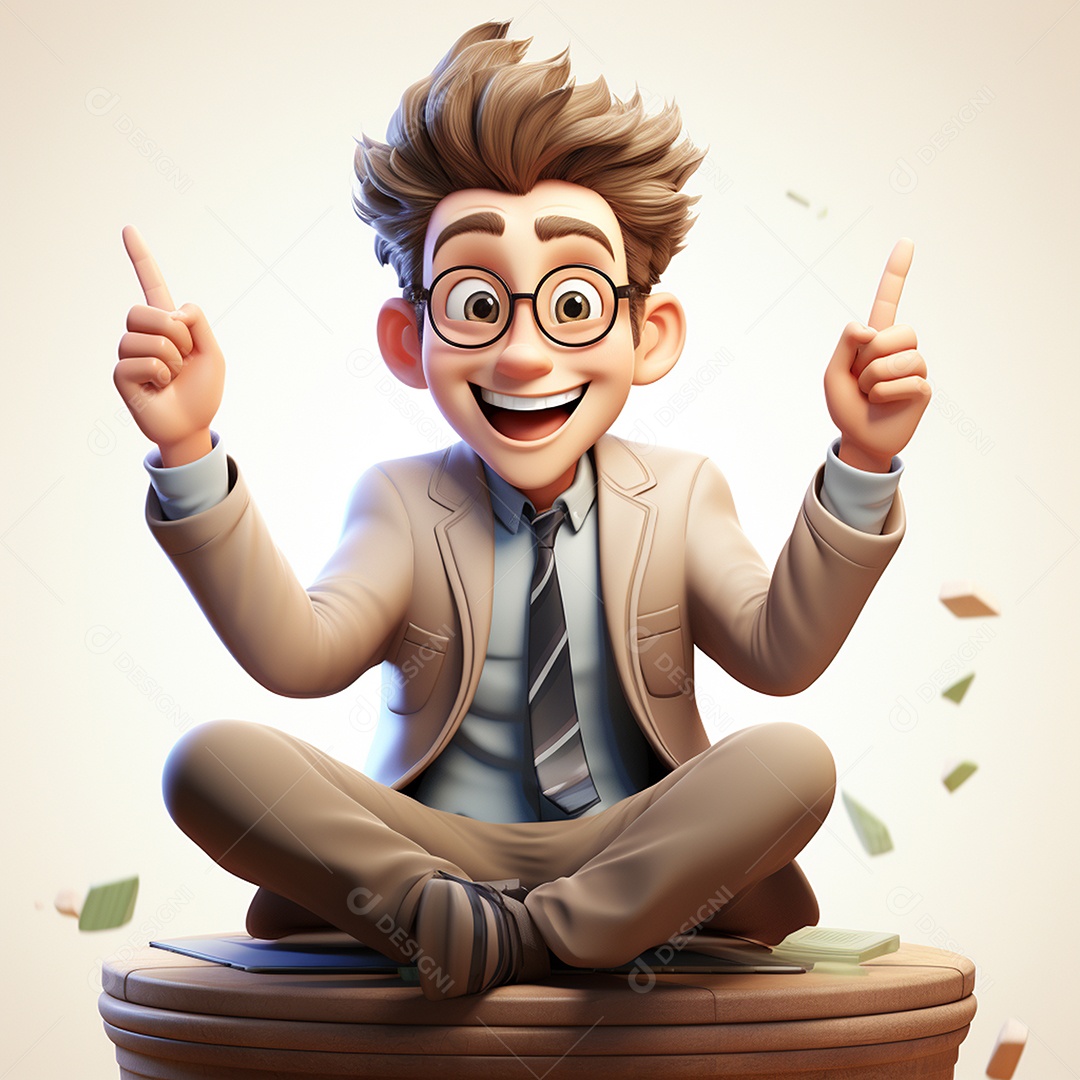 Homem feliz de desenho animado 3d usando laptop em fundo branco transparente