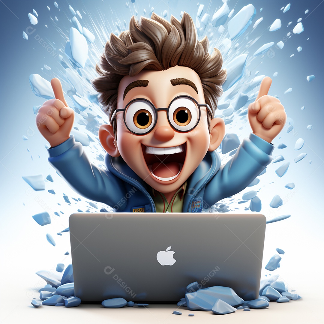 Homem feliz de desenho animado 3d usando laptop em fundo branco transparente