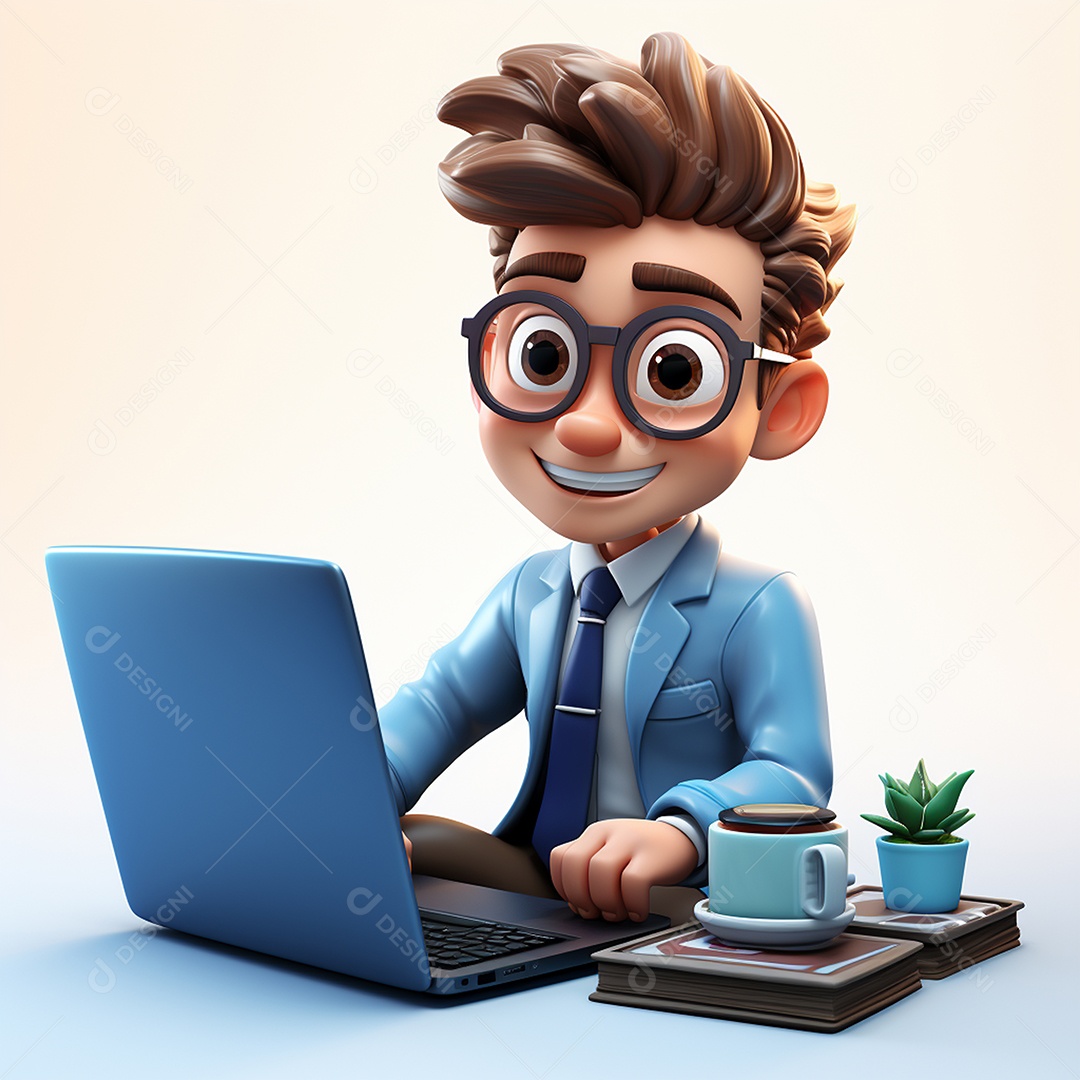 Homem feliz de desenho animado 3d usando laptop em fundo branco transparente