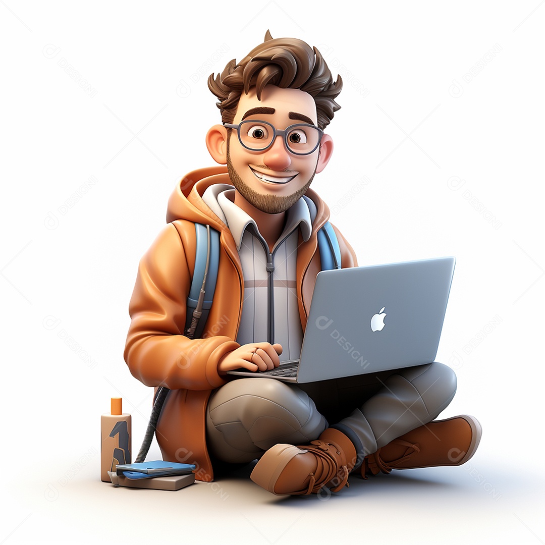 Homem feliz de desenho animado 3d usando laptop em fundo branco transparente