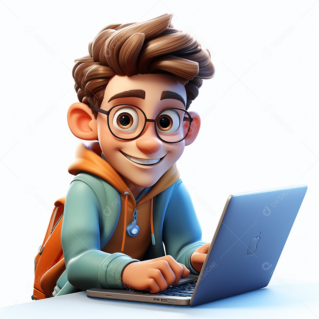 Homem feliz de desenho animado 3d usando laptop em fundo branco transparente