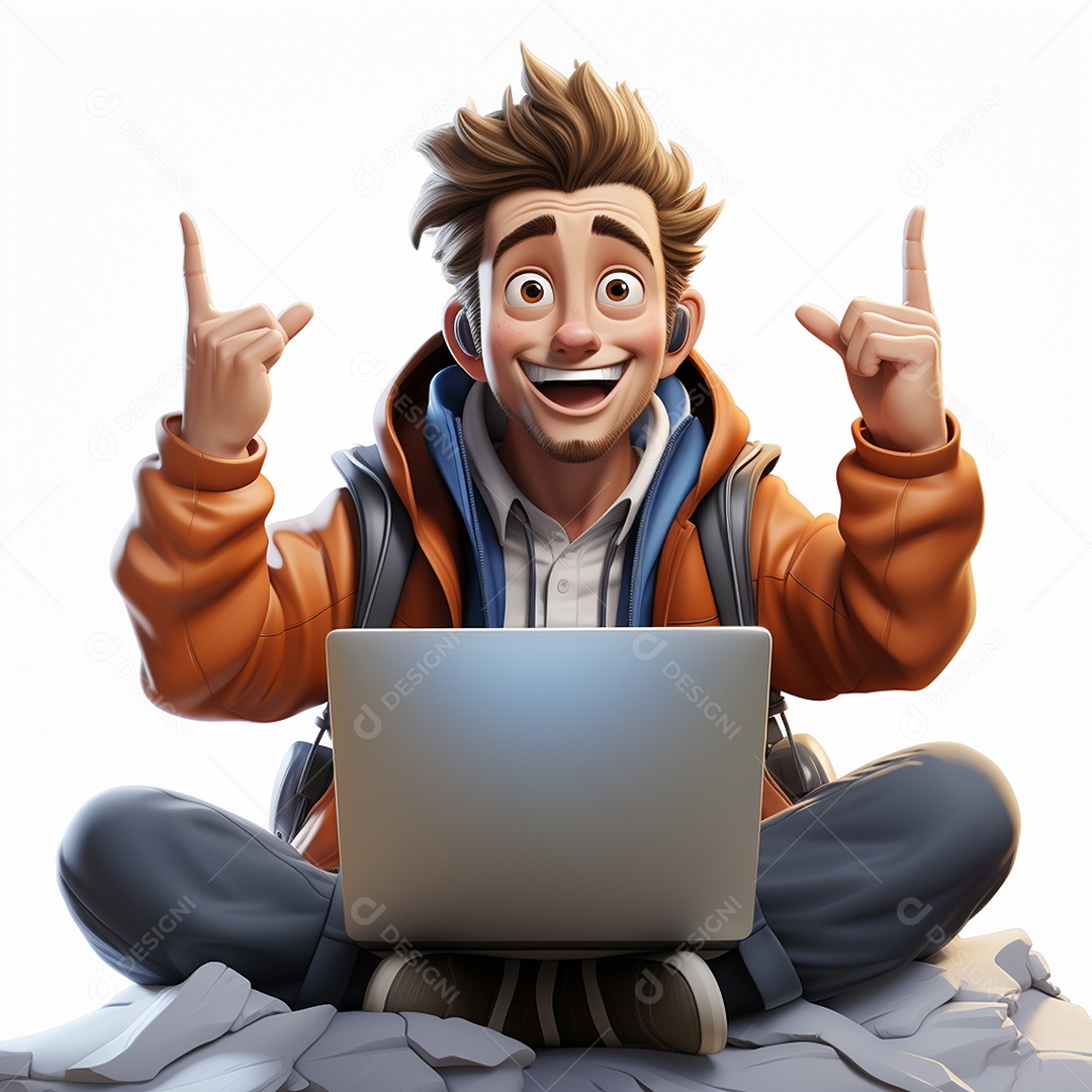 Homem feliz de desenho animado 3d usando laptop em fundo branco transparente