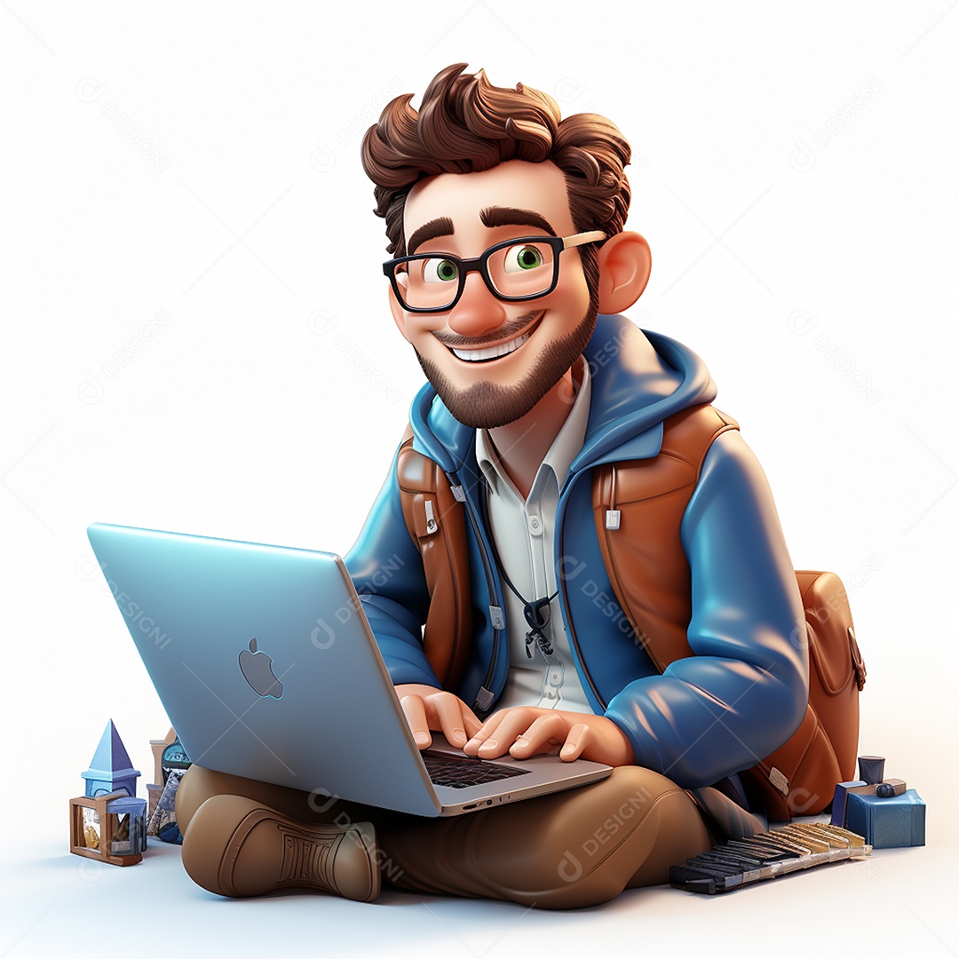 Homem feliz de desenho animado 3d usando laptop em fundo branco transparente