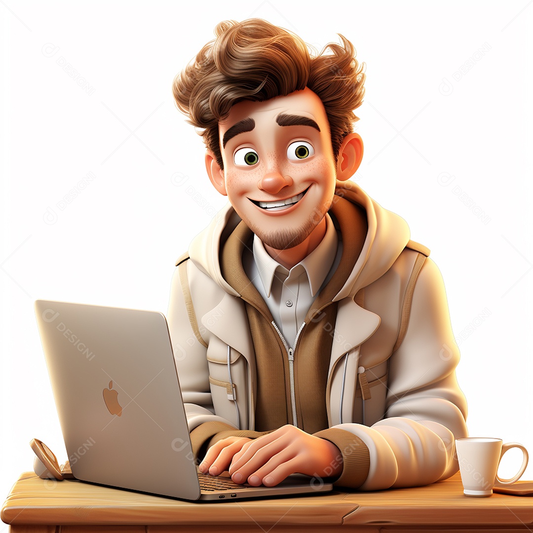 Homem feliz de desenho animado 3d usando laptop em fundo branco transparente