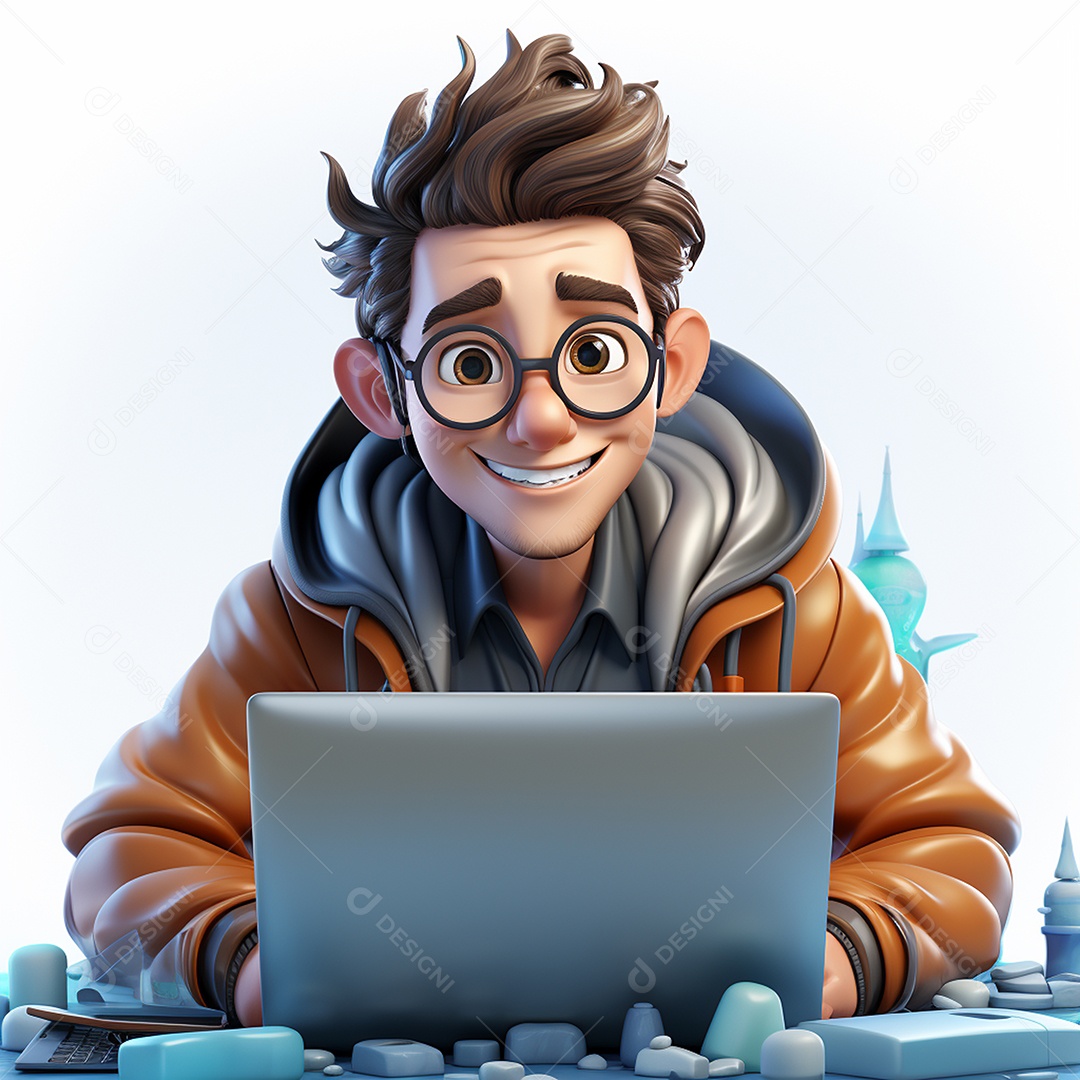 Homem feliz de desenho animado 3d usando laptop em fundo branco transparente