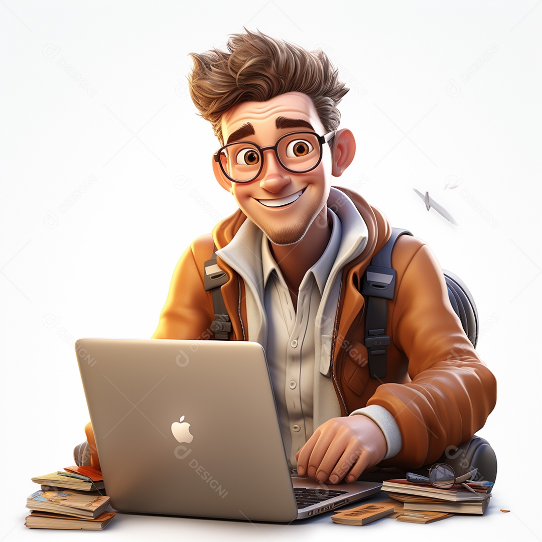 Homem feliz de desenho animado 3d usando laptop em fundo branco transparente
