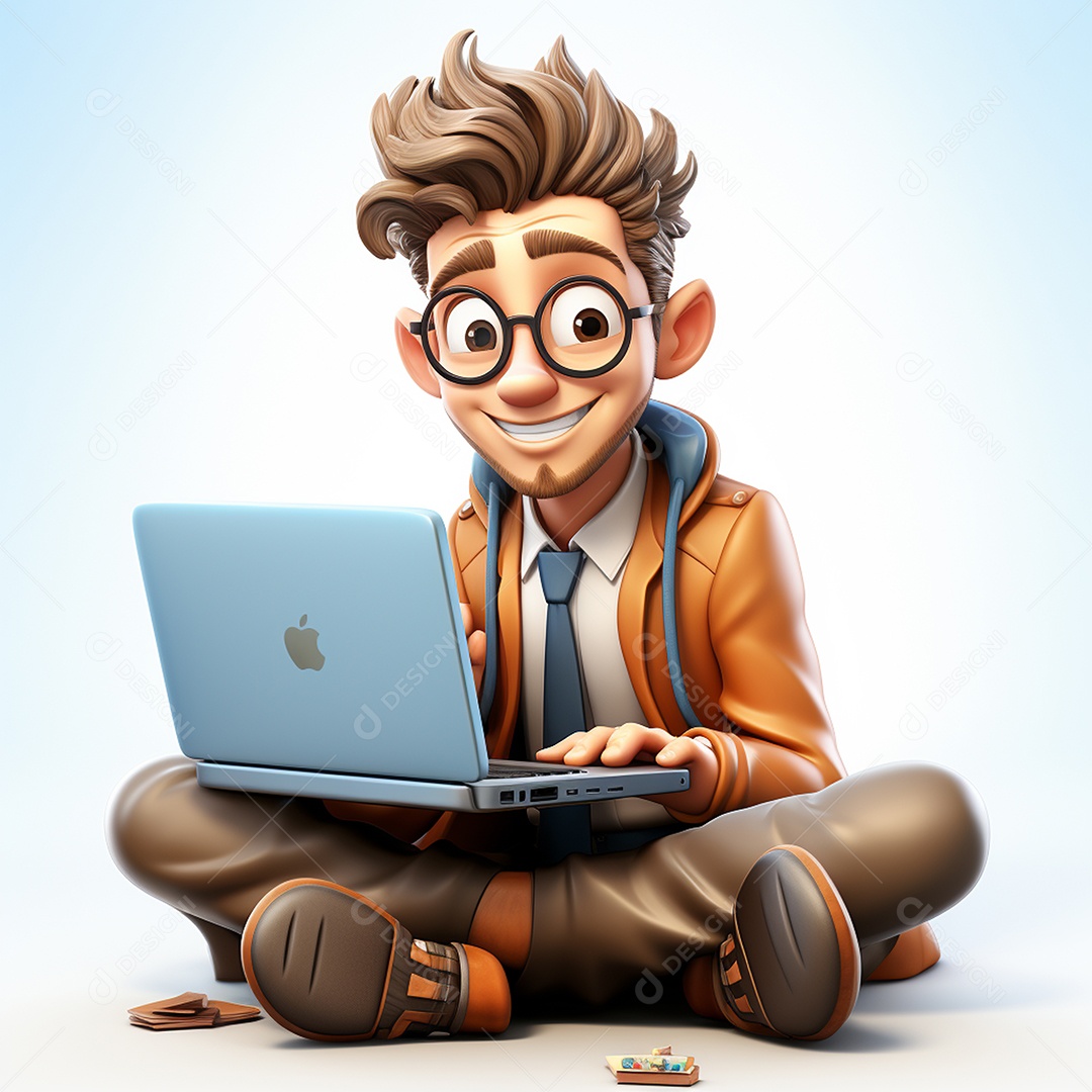 Homem feliz de desenho animado 3d usando laptop em fundo branco transparente