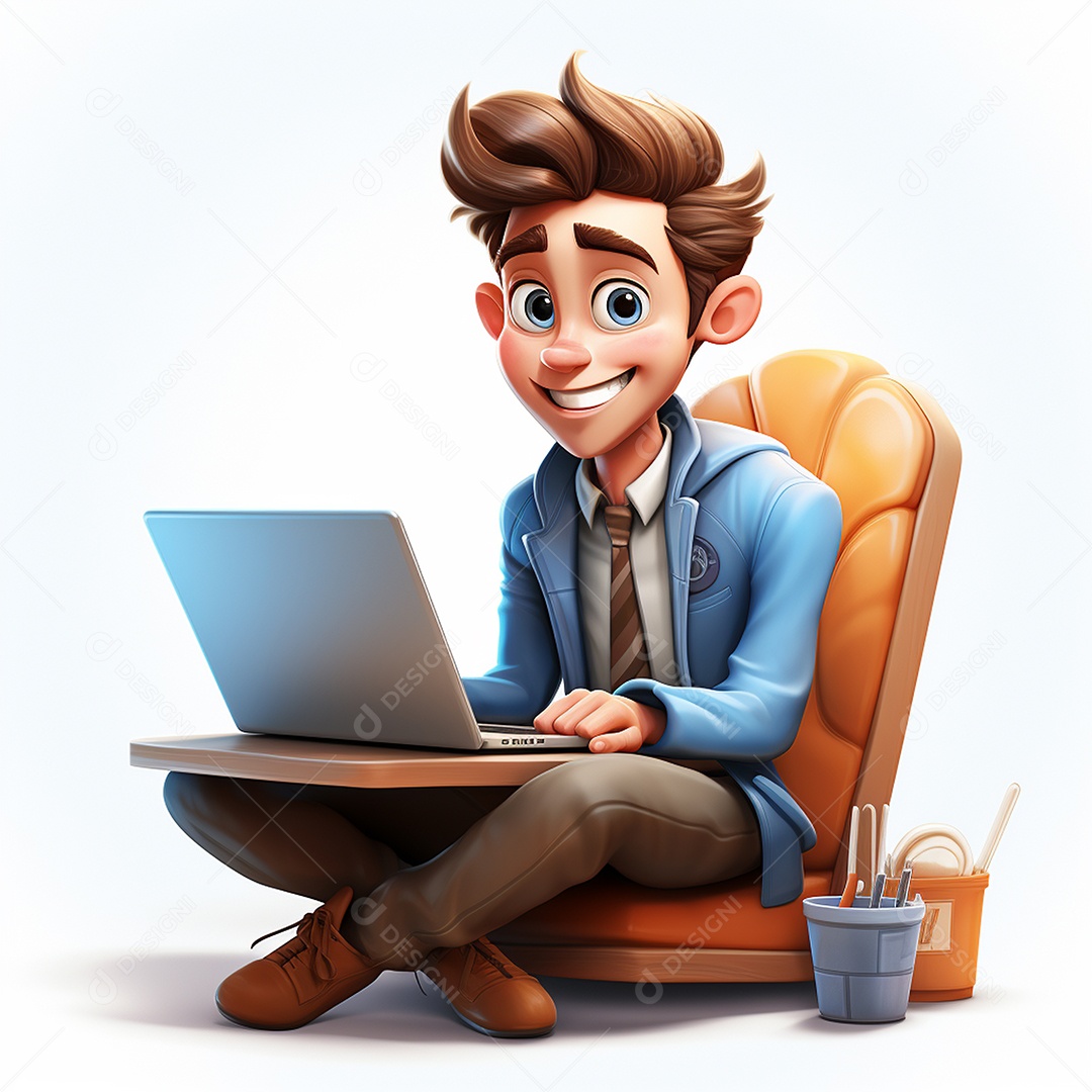 Homem feliz de desenho animado 3d usando laptop em fundo branco transparente